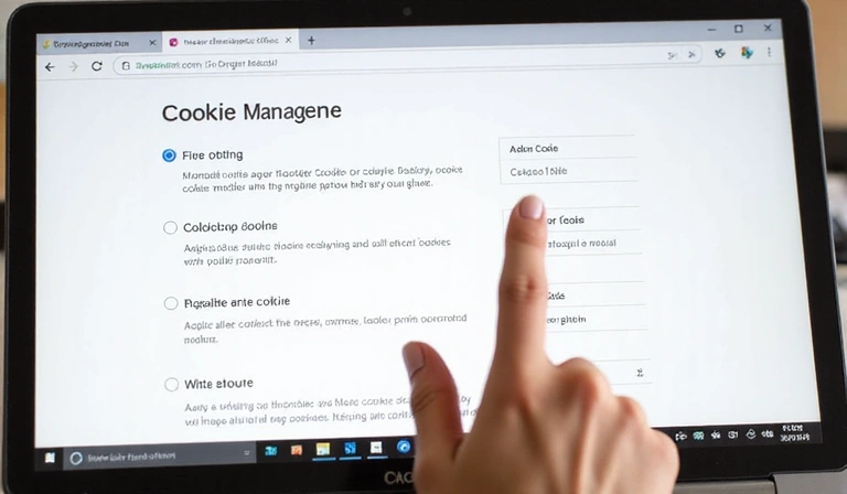 Person managing cookie settings in a web browser, showing options for accepting or rejecting cookies