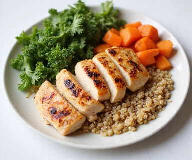 Un plato de comida saludable y equilibrada con pollo a la parrilla, quinoa y vegetales frescos.
