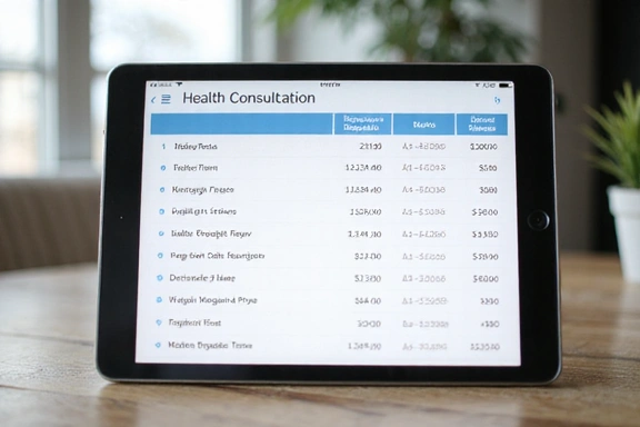 A clear and professional price list on a digital tablet, emphasizing transparency and value for health services