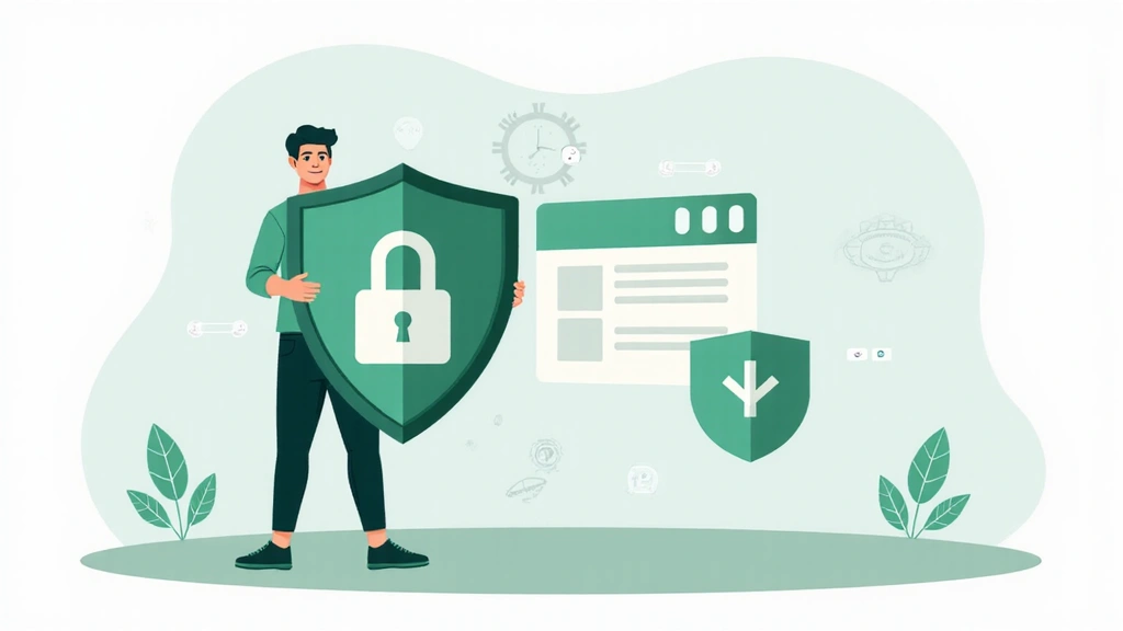 Illustration of a person holding a shield, representing data protection and user rights