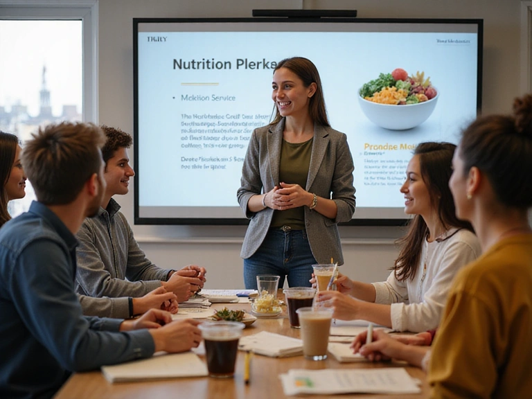 Grupo de personas participando en un taller interactivo de nutrición, sonriendo y aprendiendo sobre alimentos saludables con un instructor